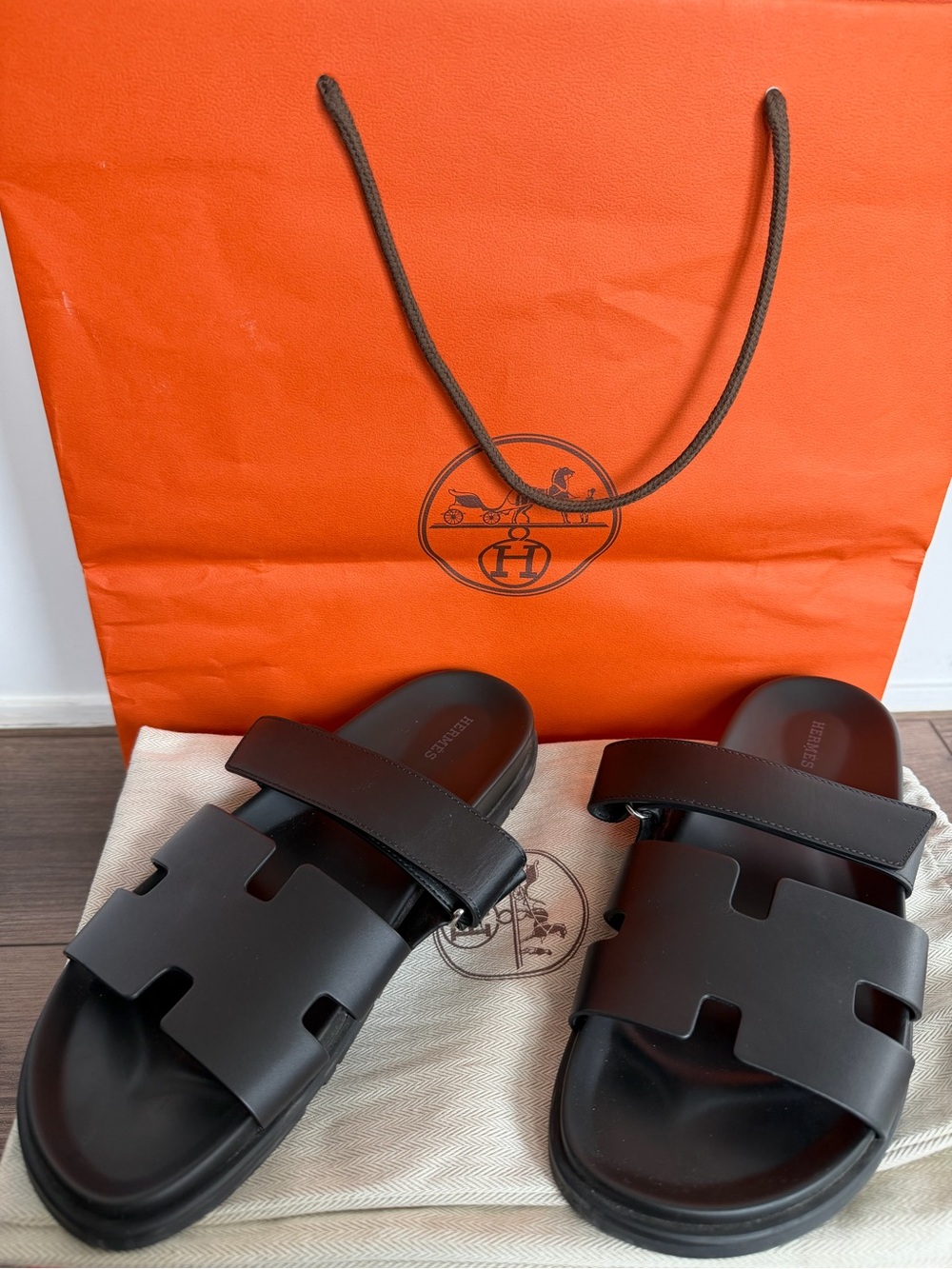 Hermes Men's Black Leather Oran-Style Slide Sandals